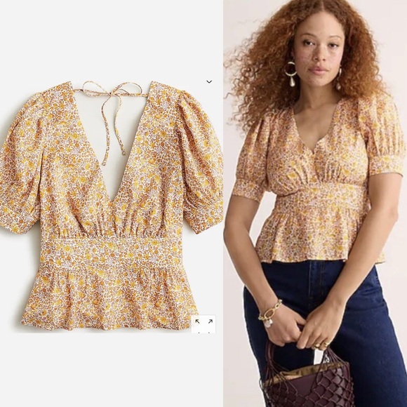 NWT J CREW floral autumn patterned v neck puff sleeve peplum top size 18 - Picture 1 of 11